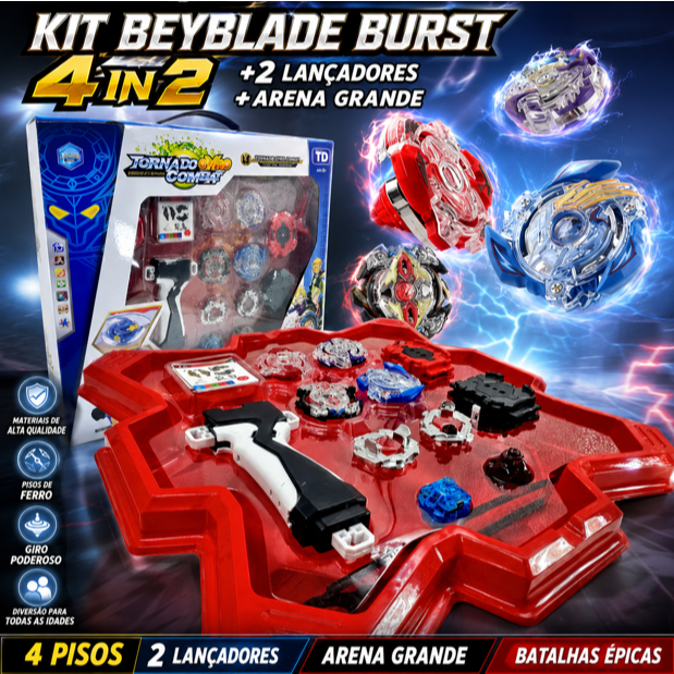 Kit Beyblade Completo 4 Combinações, 2 Lançadores, Arena Grande e Pião de Ferro Infantil
