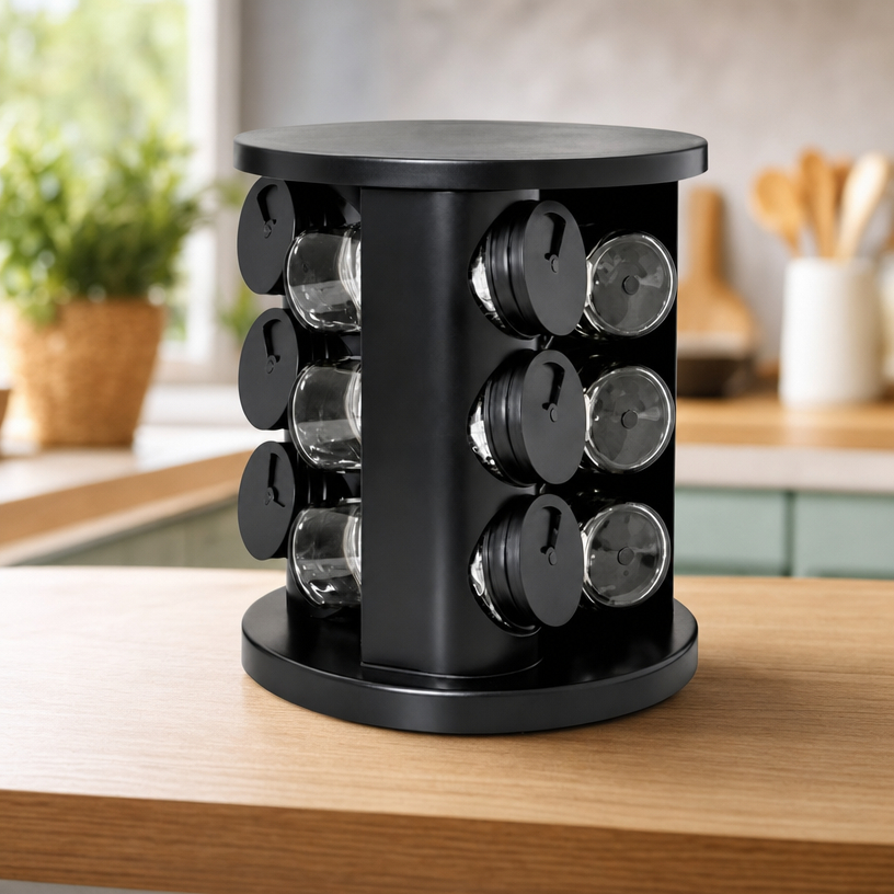 6/12 Potes Porta Condimentos Giratório Vidro Tampa Dosadora 360° Organizador Temperos Cozinha Preto Plástico