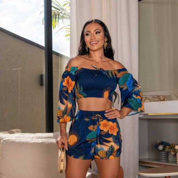 Conjunto Estampado Feminino Cropped Lastex Com Short  Estiloso Verão Com Manga Confortável Dia Dia