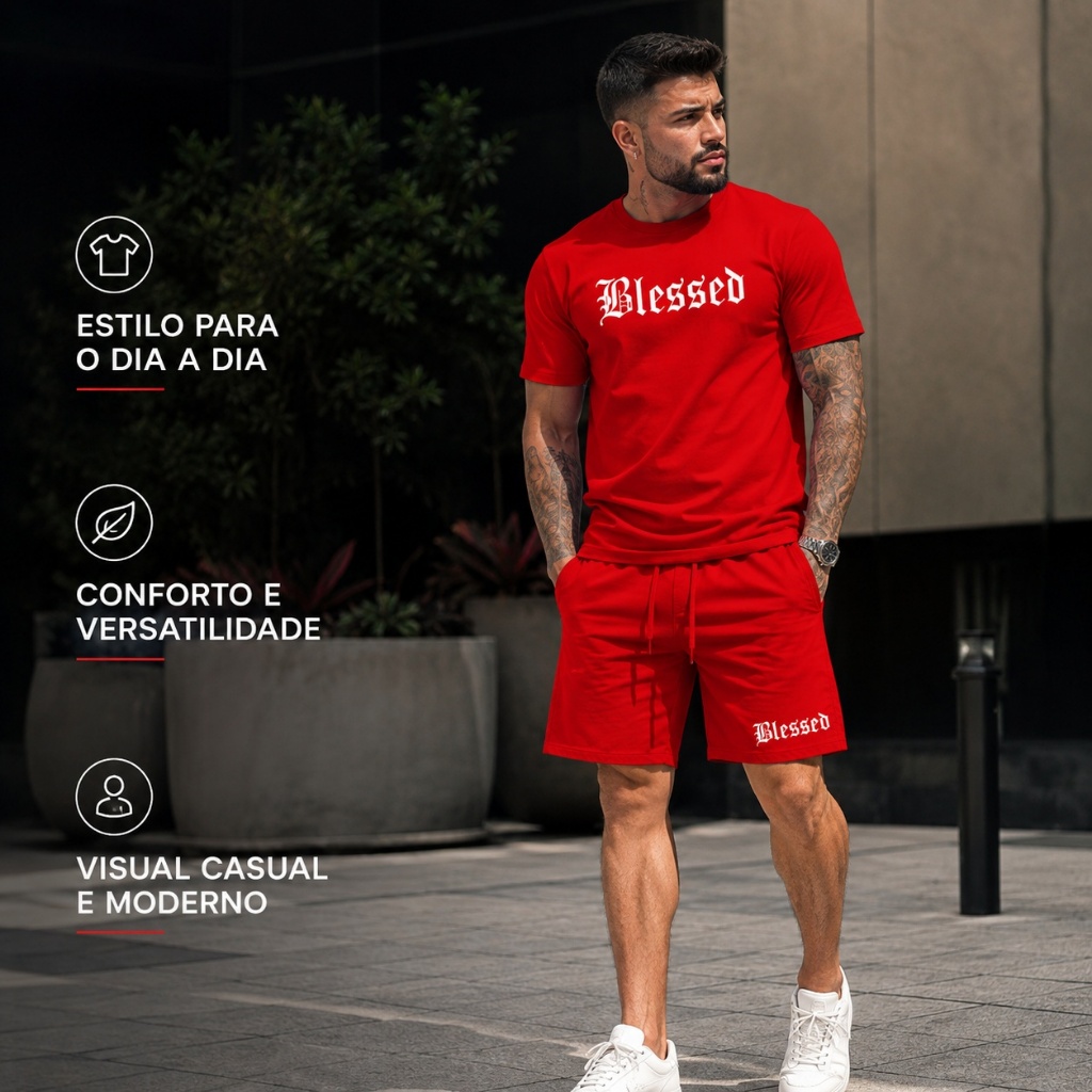 Kit Camiseta + Short Tectel BLESSED Camisa 100% Algodão Bermuda Tactel em Varias Cores ENVIO - IMEDIATO