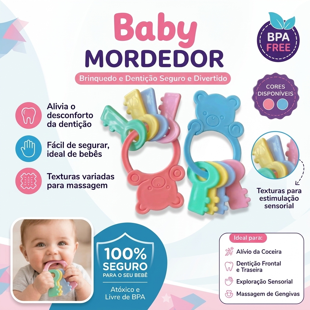 Mordedor para Bebê Chocalho Urso com Chaves Brinquedo Infantil Sensorial (Rosa, Branco, Azul)
