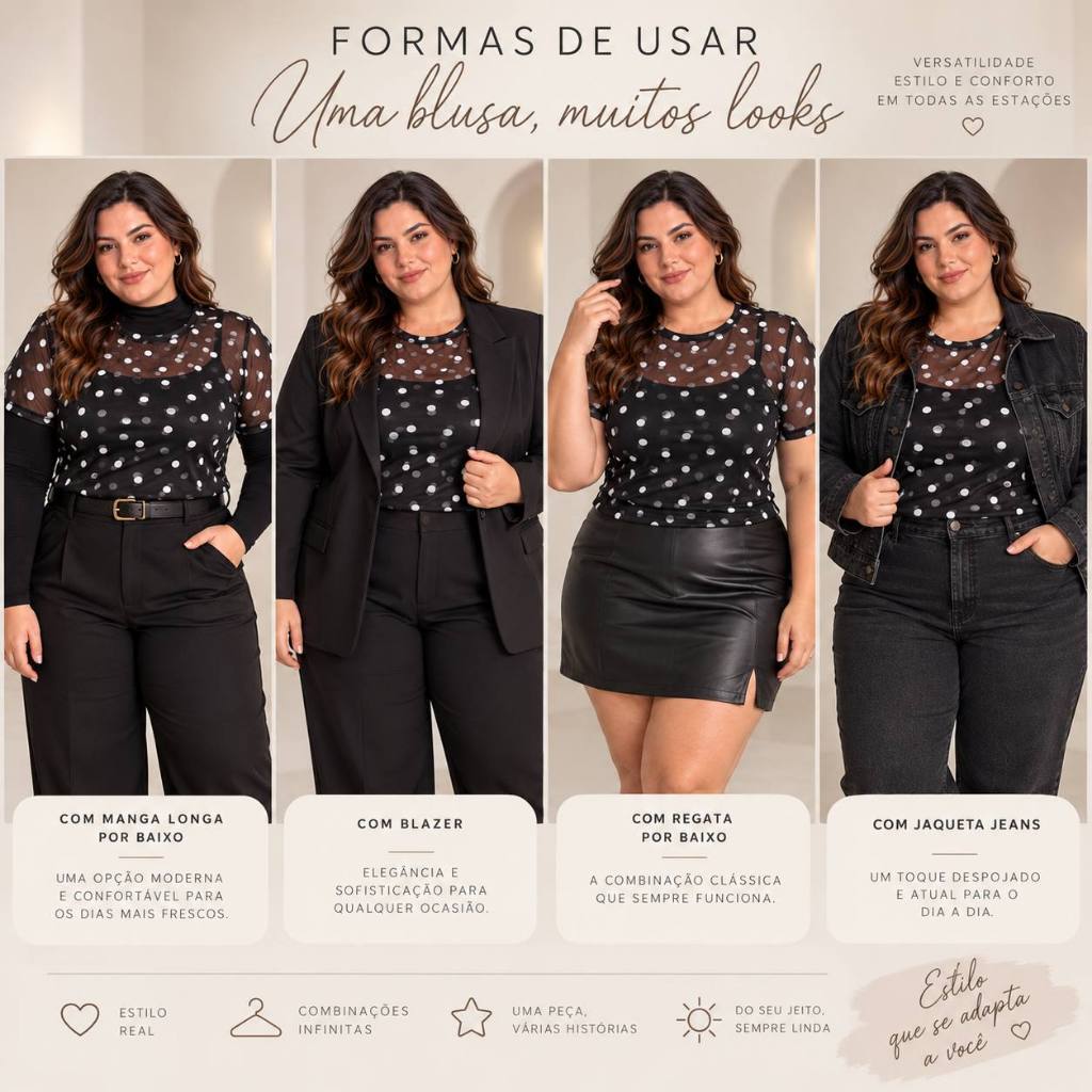 Blusa Tule Feminina de Poa Plus Size Segunda Pele Transparente Blusinha de Bolinha Dia a Dia — imagem 2 de 2