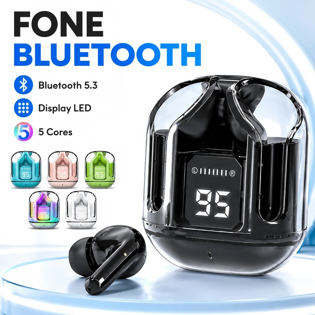 Fone De Ouvido Sem Fio Bluetooth 5.3 TWS Com Display LED Estojo Transparente Microfone HD Carregamento Tipo-C