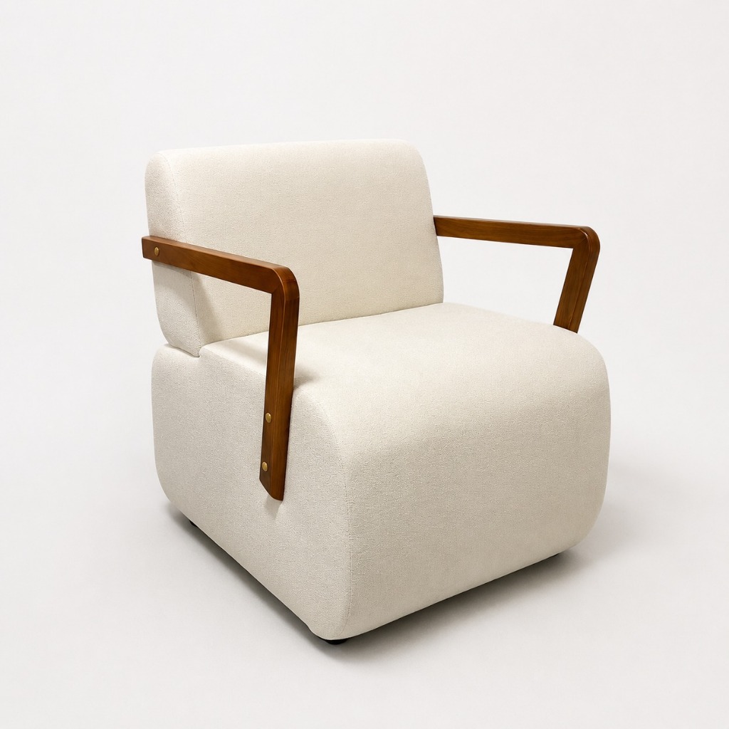 Poltrona Alice Estofado Bouclé com Braços de Madeira Moderna Confortável para Sala Quarto e Escritório Recepção - AV