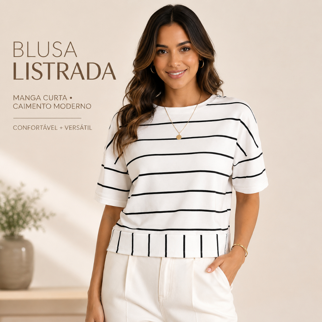Blusa Feminina Listrada Manga Curta Casual Moda Básica Elegante