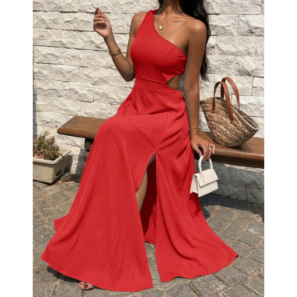 Vestido Feminino Longo Casual Um Ombro Só Amarração Fenda