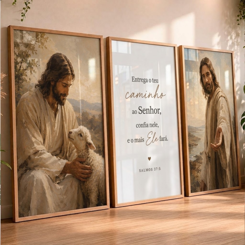 Quadros Decorativos Jesus Cristo com Frase Bíblica Salmos Religioso para Sala Quarto Escritório
