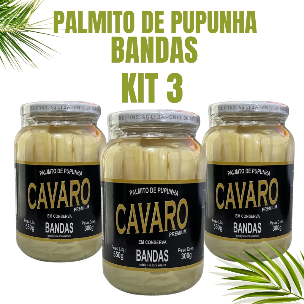 Kit 3 Palmito Em Conserva Pupunha Em Banda 300g Cavaro Premium
