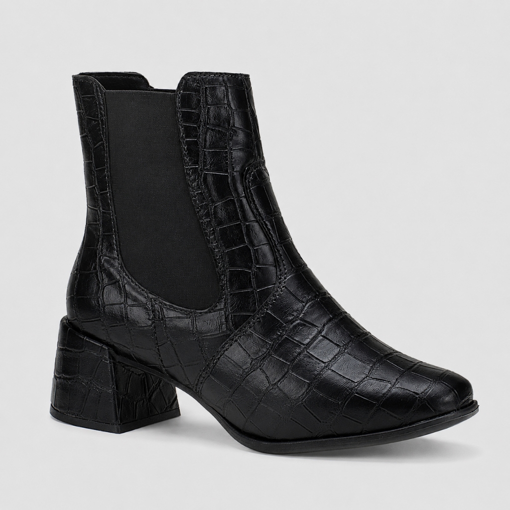 Bota Feminina Shekinah Chelsea Salto Bloco Baixo Cano Curto Croco Animal Print Moda