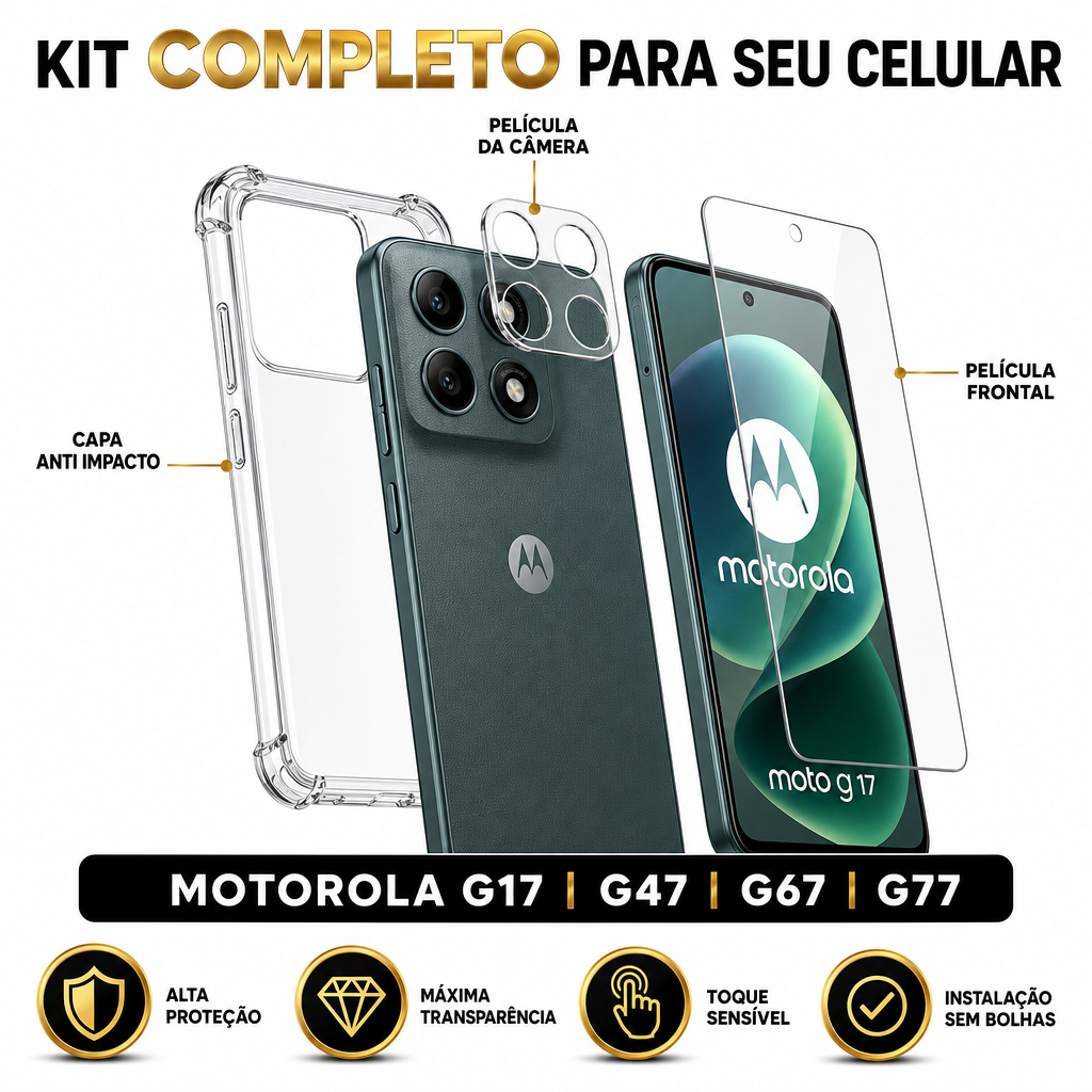 KIT para Motorola G17 | G47 | G67 | G77 - Película Vidro + Capa + Câmera