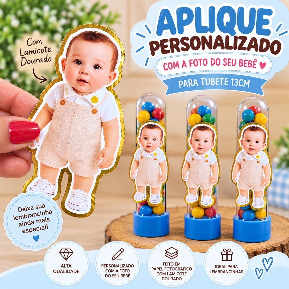 Aplique Personalizado para Tubete 13cm com Foto e Nome - Lembrancinha Infantil - Aplique Mascote para tubete