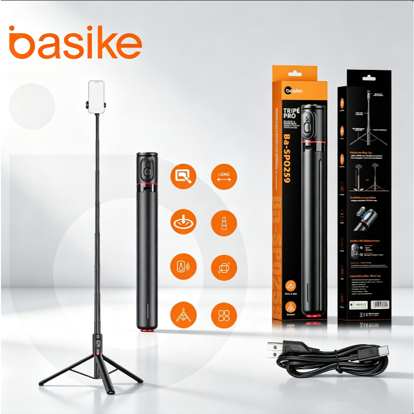 Bastão de Selfie com Tripé para Celular BASIKE – Pop-up Automático, Bluetooth, 177cm, Rotação 360°