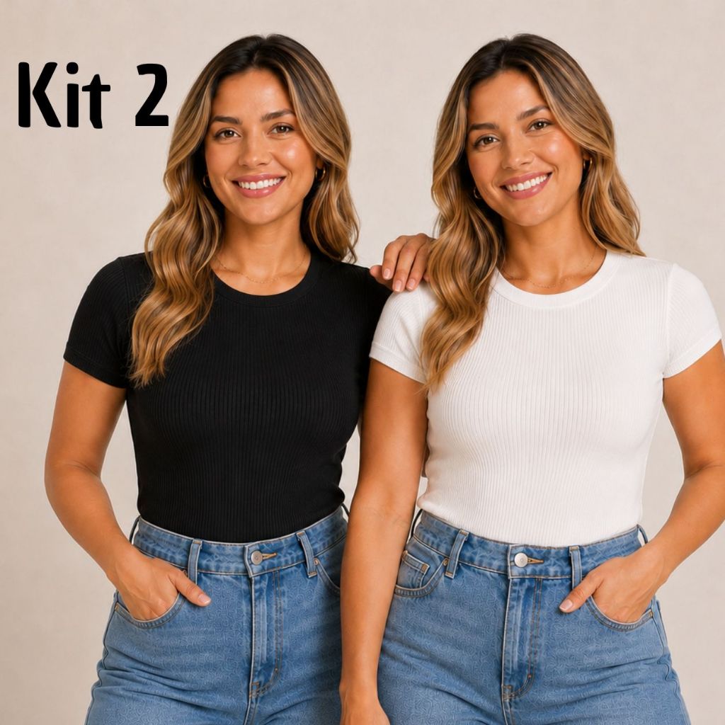 Kit 2 Blusas Feminina Canelada Básica Baby Tee Baby Look Estilosa Manga Curta Colada Justa Ribana Camiseta