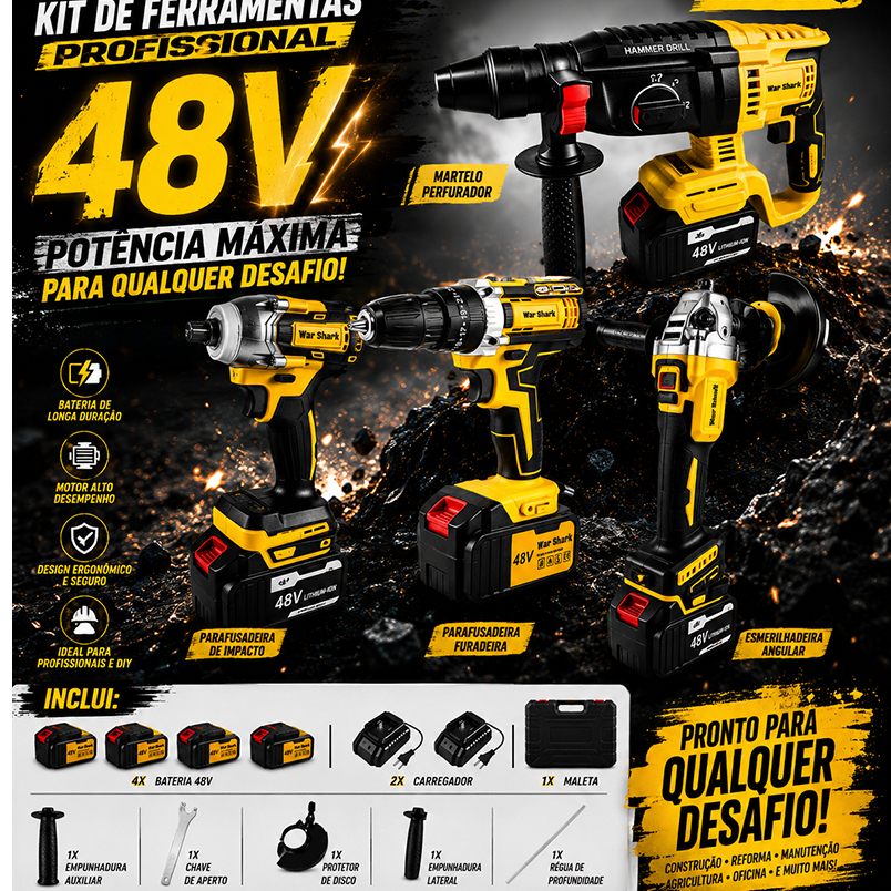 Kit 4em1 Ferramentas Martelete Esmerilhadeira Lixadeira Parafusadeira Chave Impacto 4 X  48v