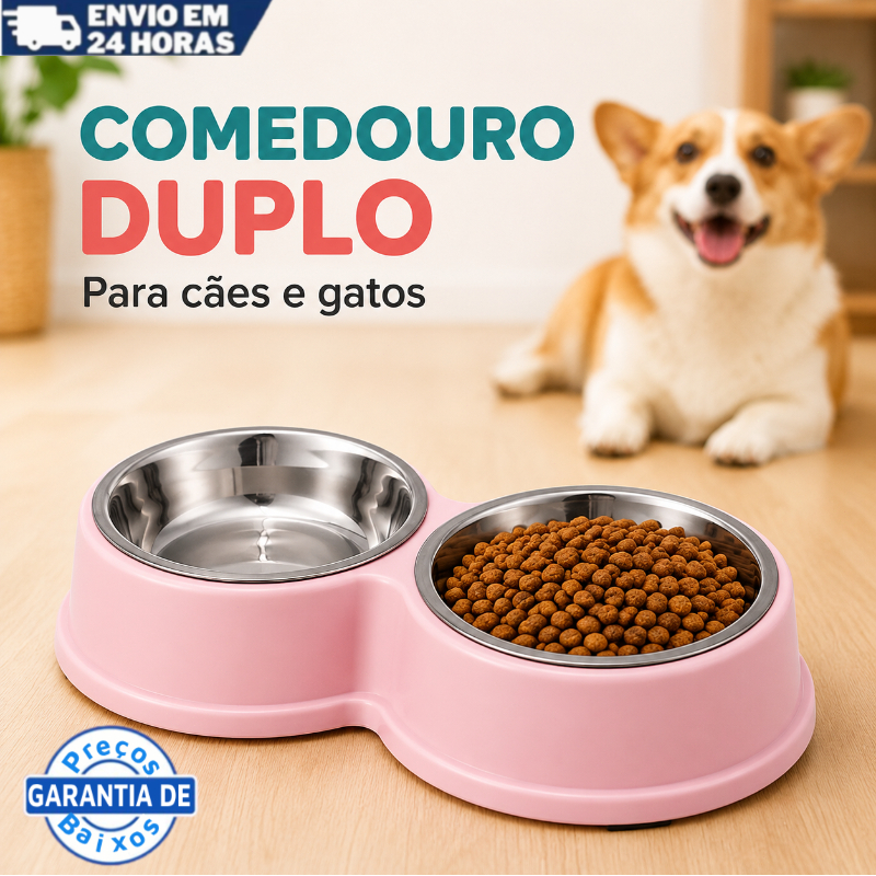 Kit Comedouro e Bebedouro Duplo Inox com Superfície Antiderrapante para Gatos e Cachorros