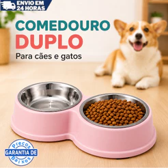 Kit Comedouro e Bebedouro Duplo Inox com Superfície Antiderrapante para Gatos e Cachorros