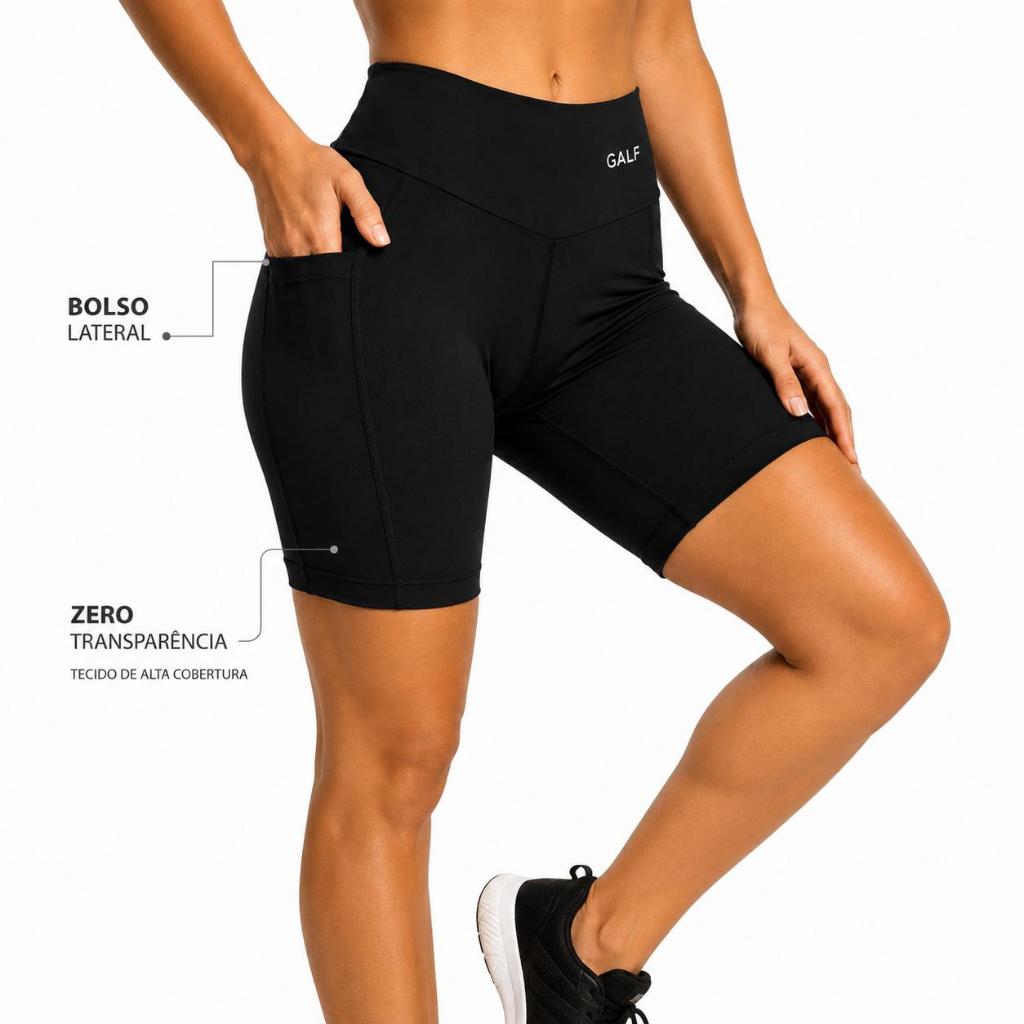 Short Fitness Academia Feminino Bolso Lateral, Cintura Alta, Confortável Ideal para Corrida e Treino