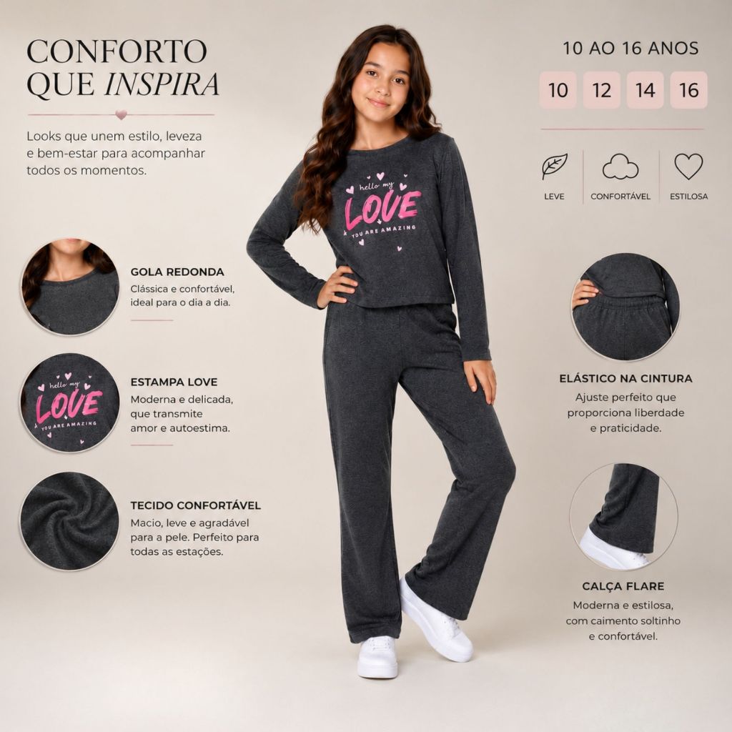 Conjunto Infantil e Juvenil Menina " LOVE '' - Cropped + Calça - Moletinho - Inverno - Tamanhos 10 ao 16