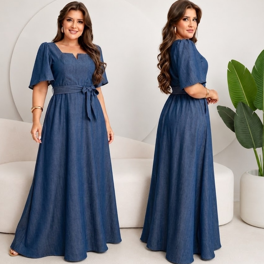 Vestido Longo Feminino Elegante com Manga Bufante e Faixa na Cintura