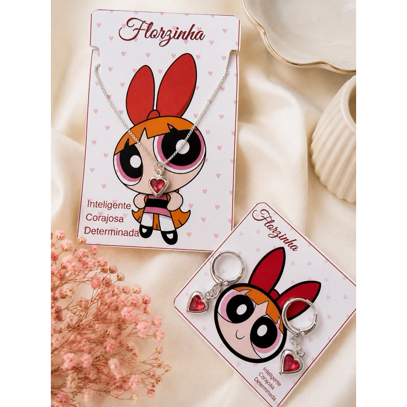 Conjunto Infantil Florzinha Meninas Superpoderosas – Colar e Brinco Banhado a Prata 925 Presente Dia das Crianças