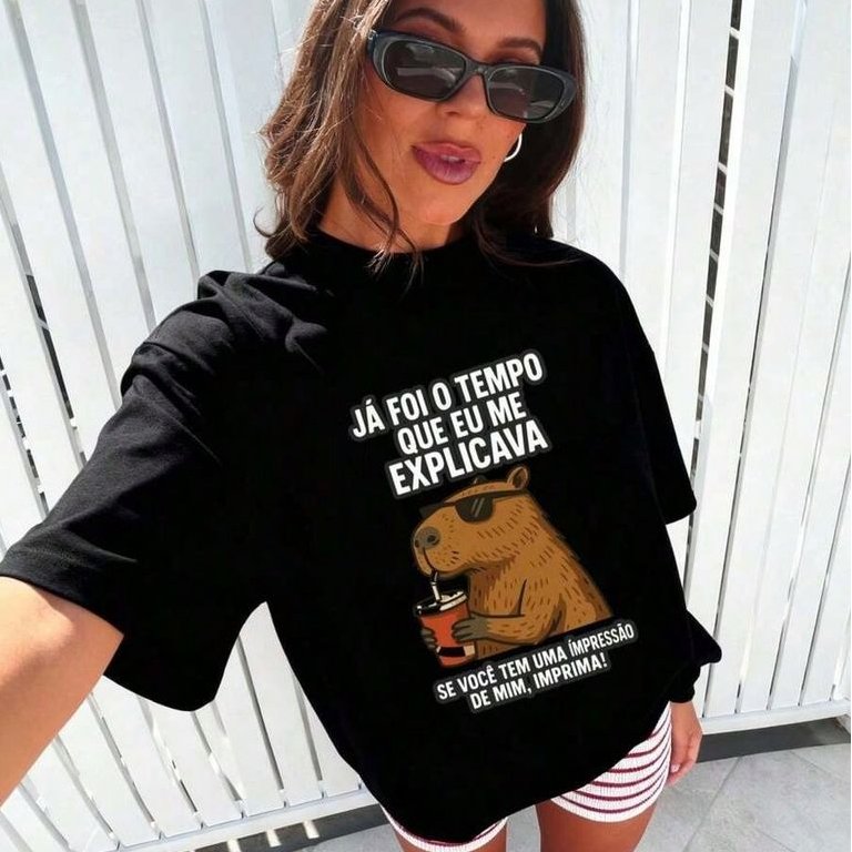 Camiseta Camisa 100% Algodão Blusa  Moda Feminina Meme Humor Estilosa Confortavel Fofa Capivara Blusinha Casual