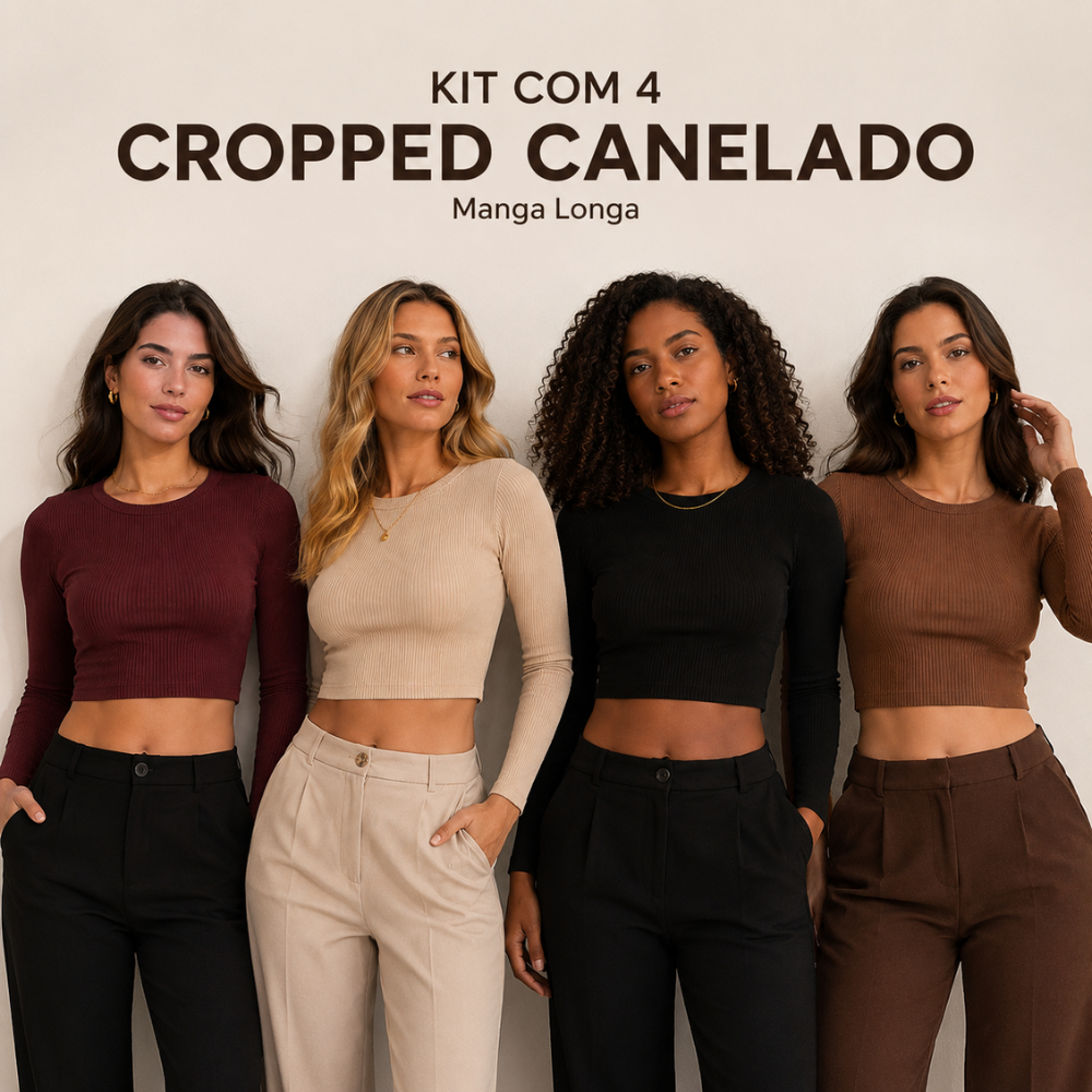Kit 4 Cropped Manga Longa Básico Feminina Canelado Premium Feminino Inverno