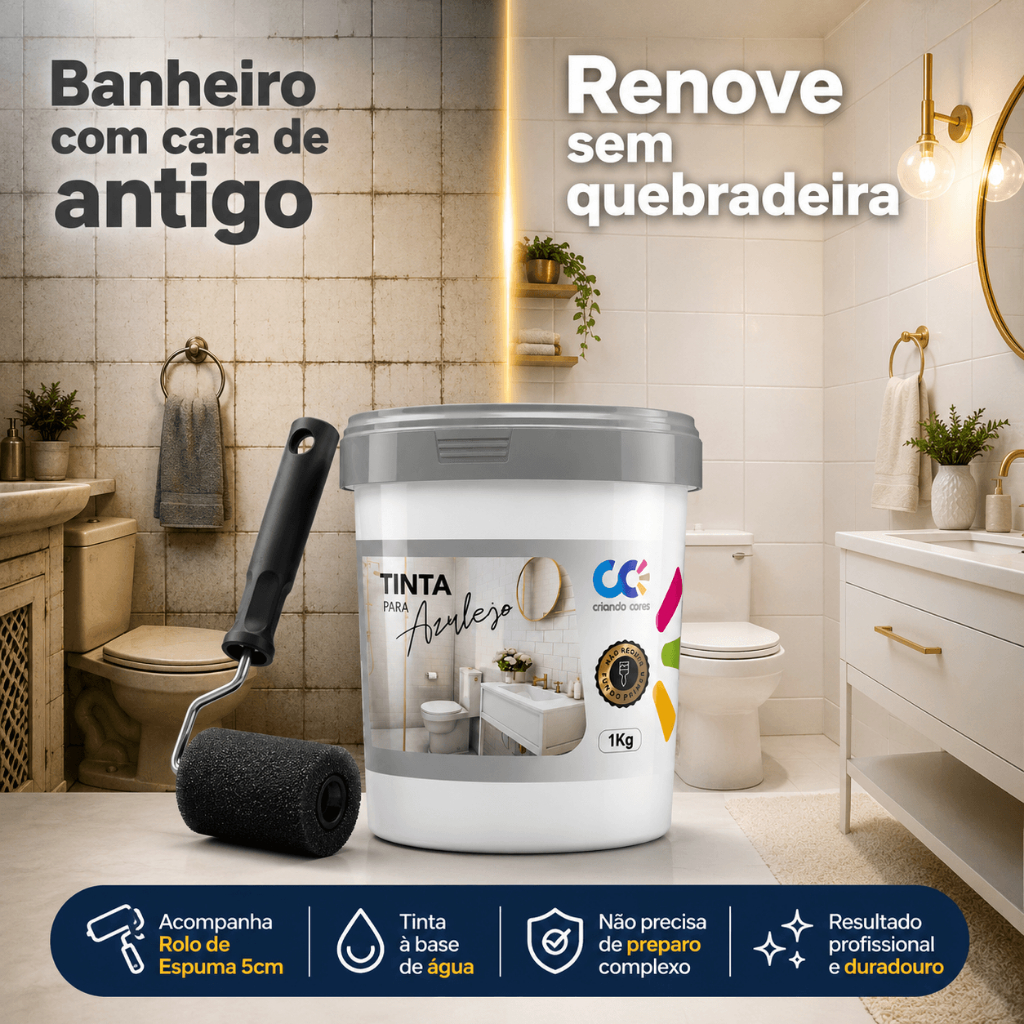 Tinta para Azulejo 1Kg + ROLINHO de 5cm VÁRIAS CORES Pronto Uso Alta Aderência Sem Primer Renovação Banheiro Cozinha