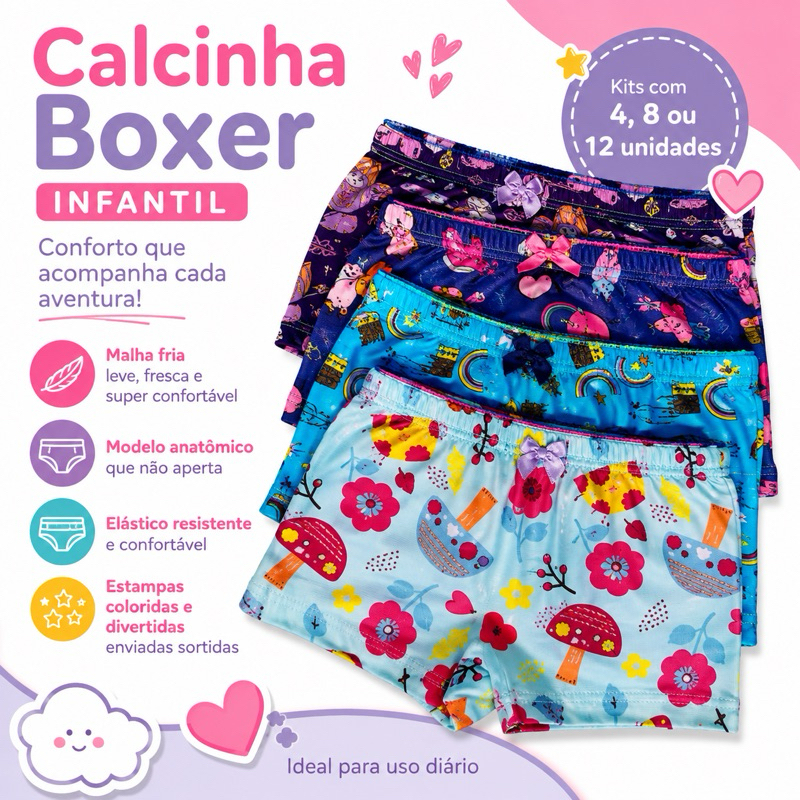Kit Calcinha Box Menina Infantil shortinho Conforto Estampas Fofas