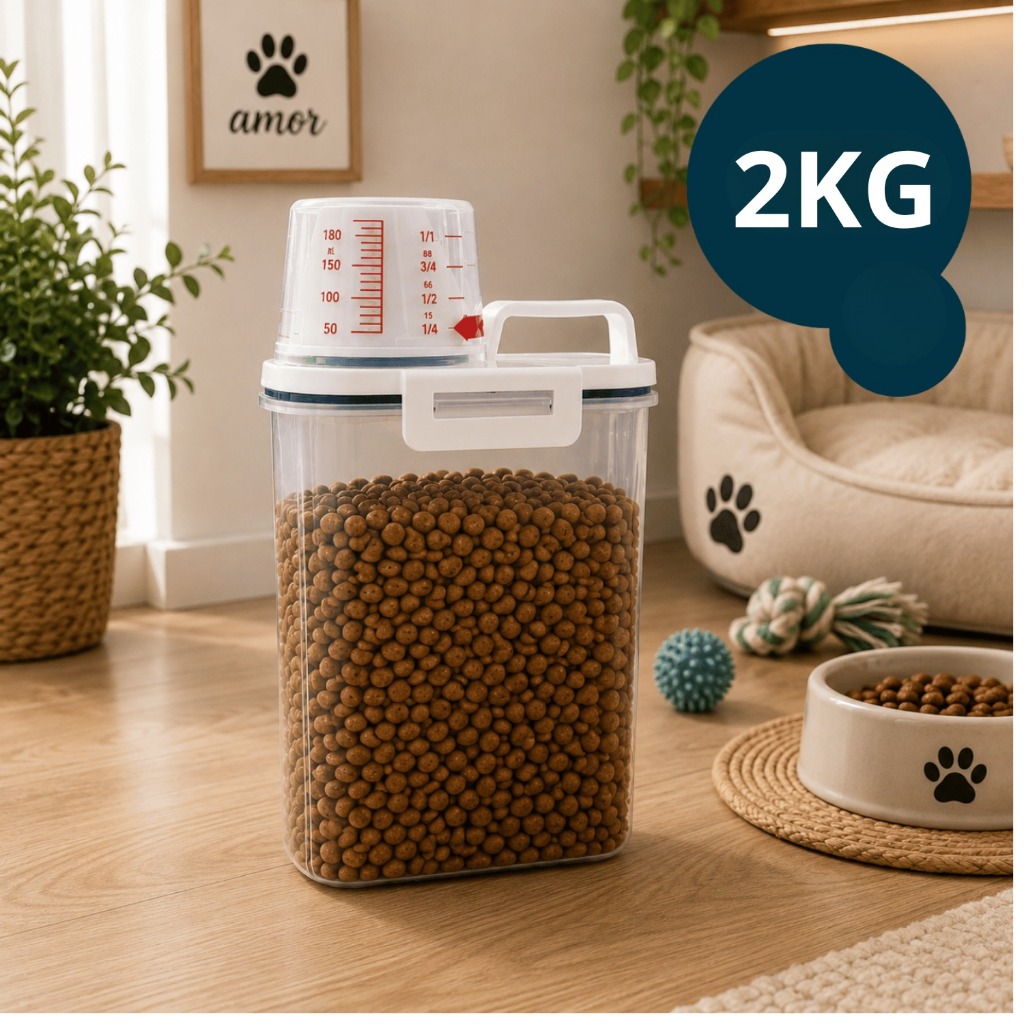 Pote Porta Ração Pet 2kg com Copo Medidor Dosador Tampa com Trava Cachorro Gato Alimentos Grãos