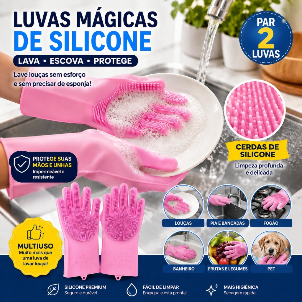 Par Luvas de Silicone com Escova Lavar Louça Limpeza Multiuso Cozinha Pet