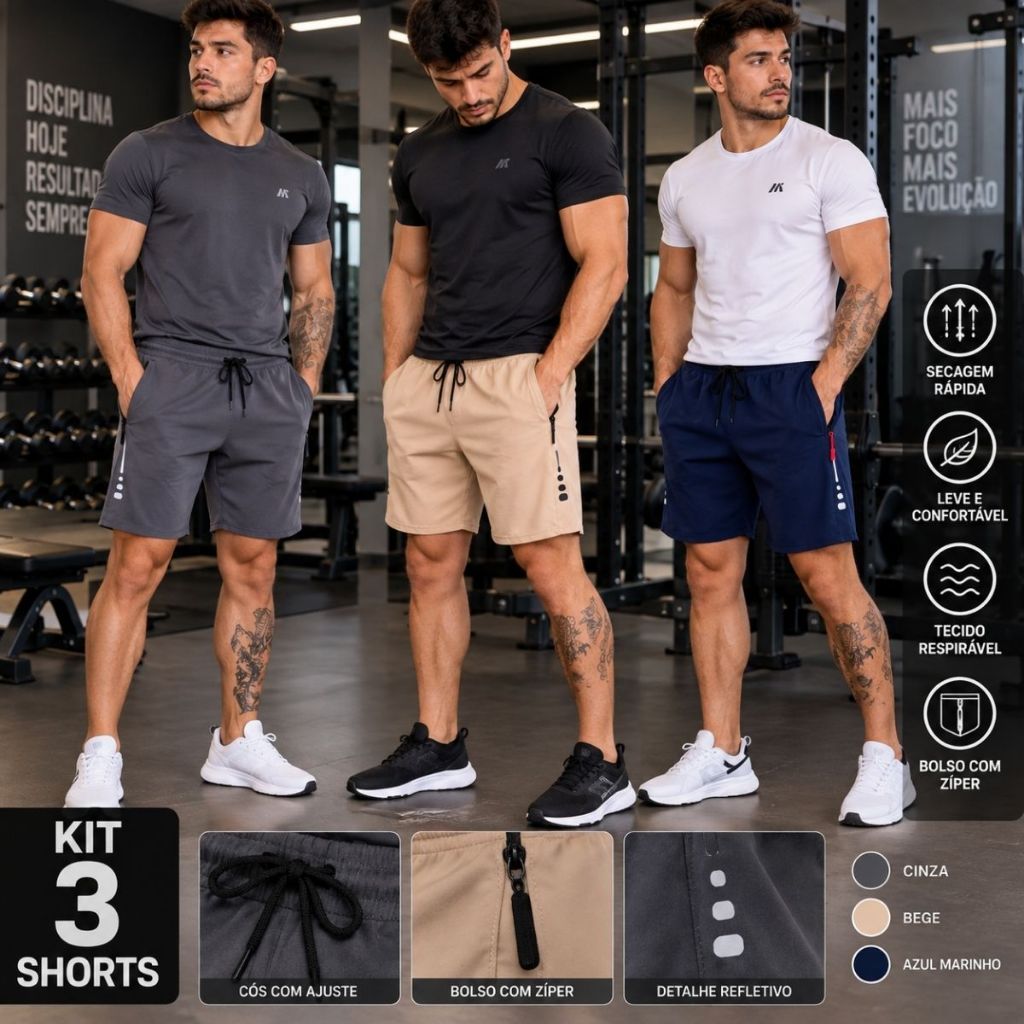 Kit 3 bermuda-shorts masculino Tam M ao G5 com elastano lycra praia Esportiva Seca Rápido Academia