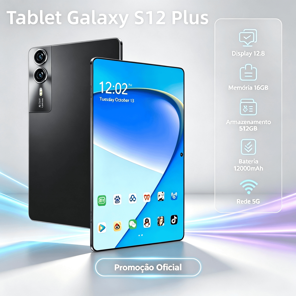【Teclado e mouse gratuitos】Tablet Galaxy S12 Plus de 12.8 polegadas, 16 GB + 512 GB, 5G, bateria de12000 mAh 5G wifi