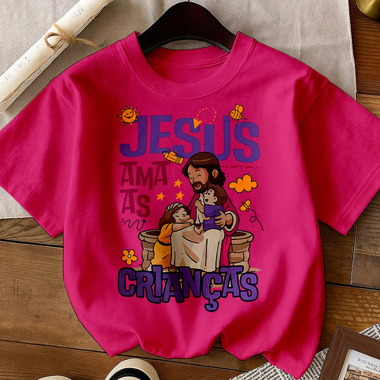 Camiseta Infantil Jesus Ama as Crianças 100% Algodão Premium Estampa Religiosa