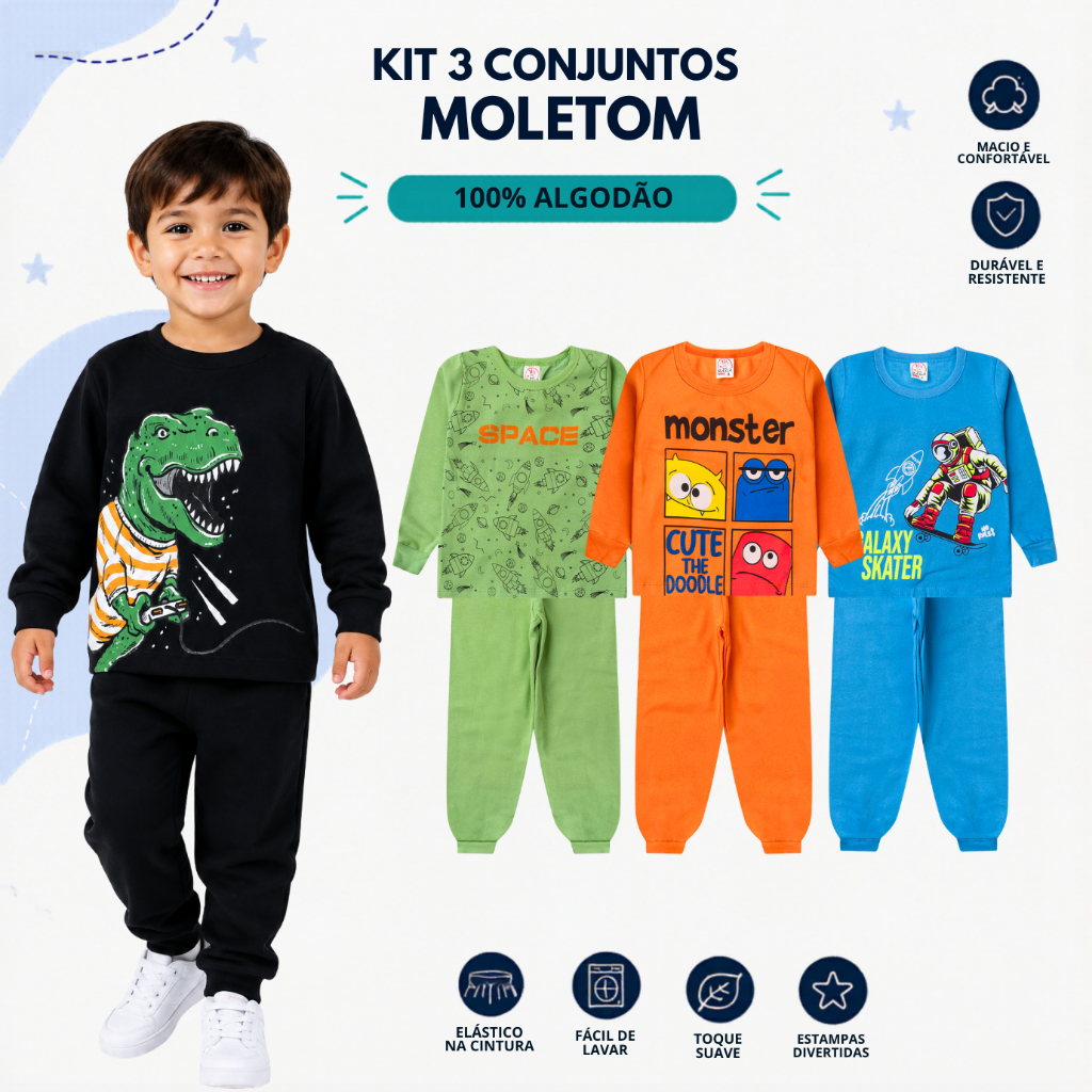 Kit 3 Conjuntos de Moletom Infantil Masculino Peluciado – 6 Peças, 3 Blusas e 3 Calças de Inverno