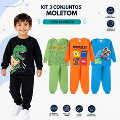 Kit 3 Conjuntos de Moletom Infantil Masculino Peluciado – 6 Peças, 3 Blusas e 3 Calças de Inverno