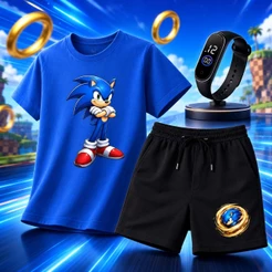 Kit Infantil Camiseta Estampa Herói + Shorts Masculino Conjunto Verão + Relógio Digital Brinde Promoção Limitada