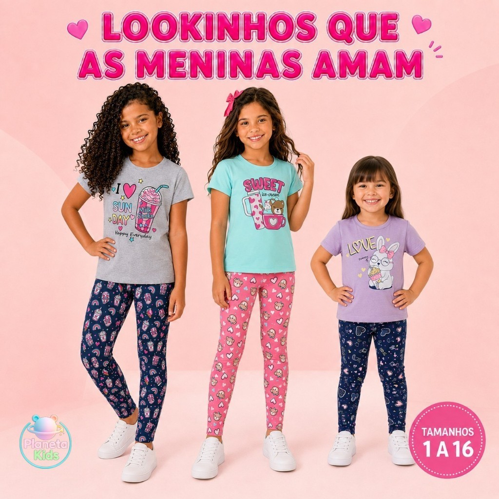 Kit 4 Peças Infantil Juvenil Menina Camiseta e Legging Estampadas Feminino Roupa Infantil Menina