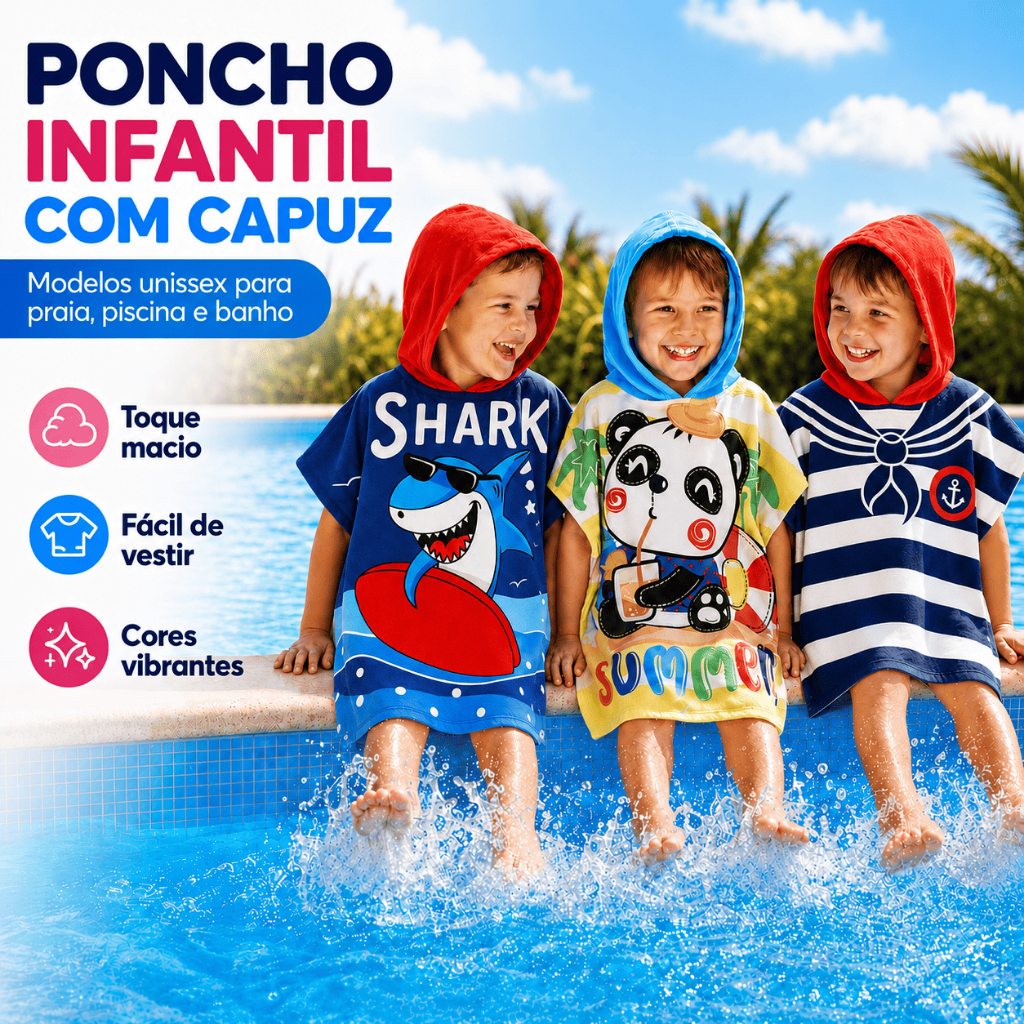 Kit 3 Toalhas Poncho Infantil Microfibra Secagem Rápida com Capuz Toalha Praia Banho Piscina