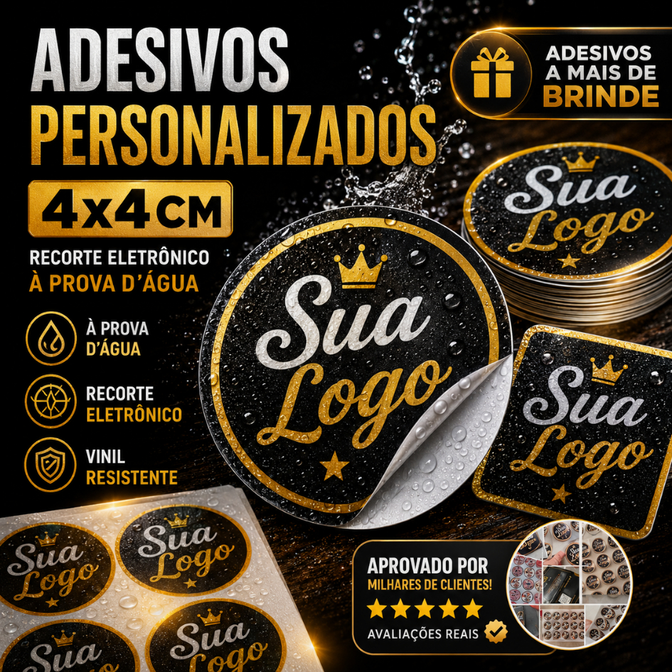 ADESIVO PERSONALIZADO 4x4 CM | RECORTE ELETRÔNICO | IMPERMEÁVEL | LOGO DA SUA MARCA + BRINDE!