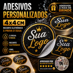 ADESIVO PERSONALIZADO 4x4 CM | RECORTE ELETRÔNICO | IMPERMEÁVEL | LOGO DA SUA MARCA + BRINDE!
