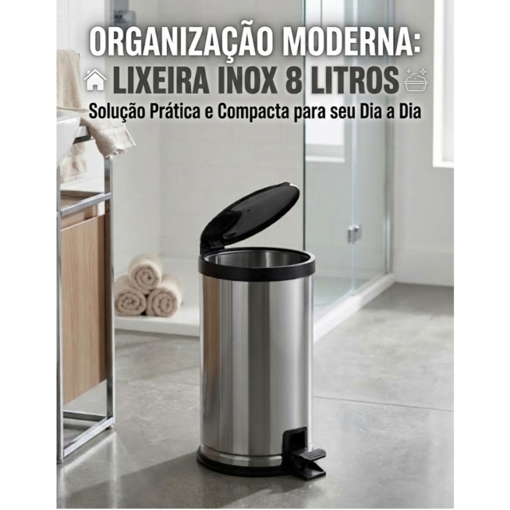 Lixeira Inox Com Pedal 8L Para Banheiro Cozinha Escritório 8 Litros Aço Inox Redonda PÍTIA — imagem 2 de 2