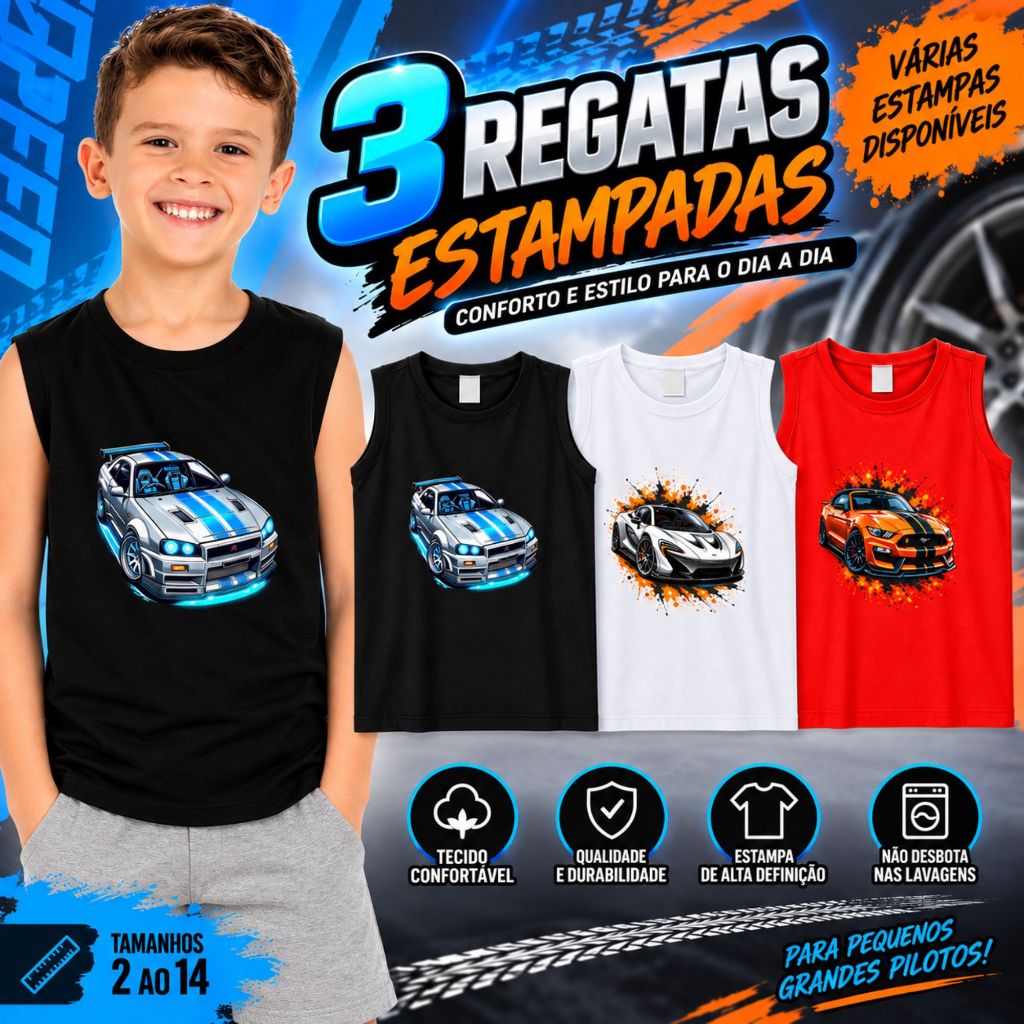 kit 3 Camisetas Regatas Meninos Cores e Estampas Variadas 100% Algodão