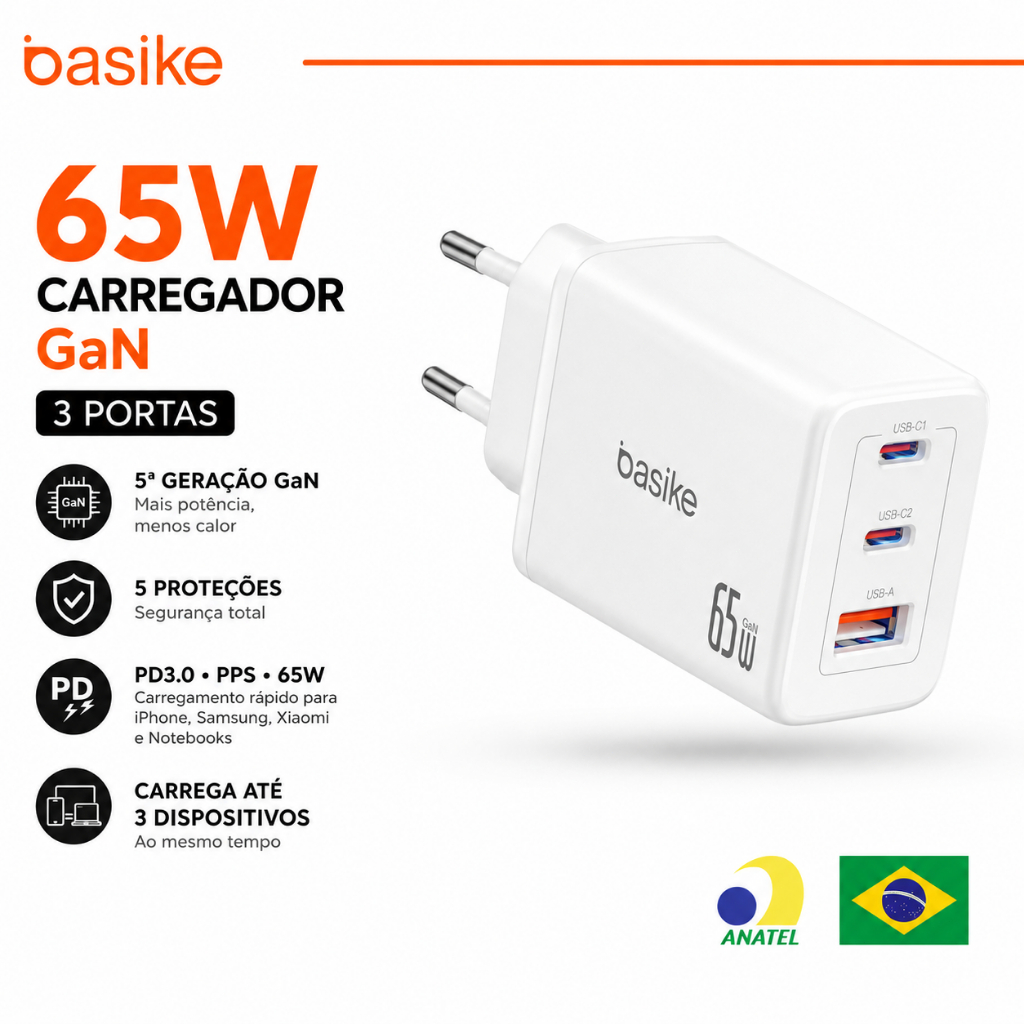 Basike Carregador de Parede GaN 65W Turbo PD3.0 PPS 2 USB-C + USB-A Carga Rápida para Notebook iPhone Samsung Xiaomi