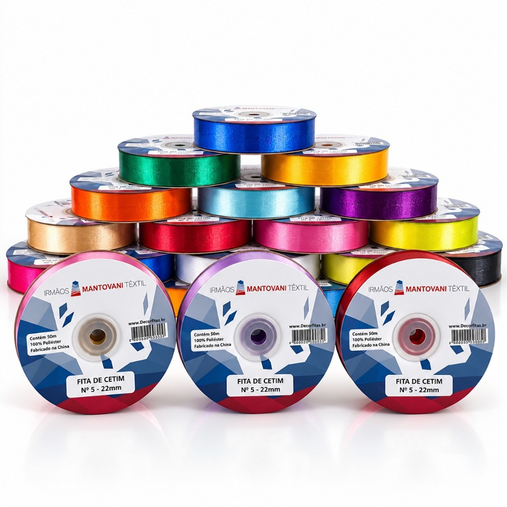 Fita de Cetim 22mm N5 Rolo 50m – 100% Poliéster para Laços, Artesanato, Presentes e Decoração - Diversas Cores