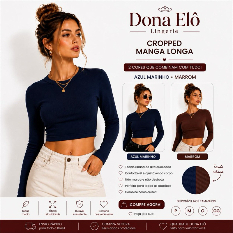 Cropped Manga Longa Canelado Algodão Inverno Ribana Canelada Croped Camisa Gola Redonda Manga cumprida Feminina