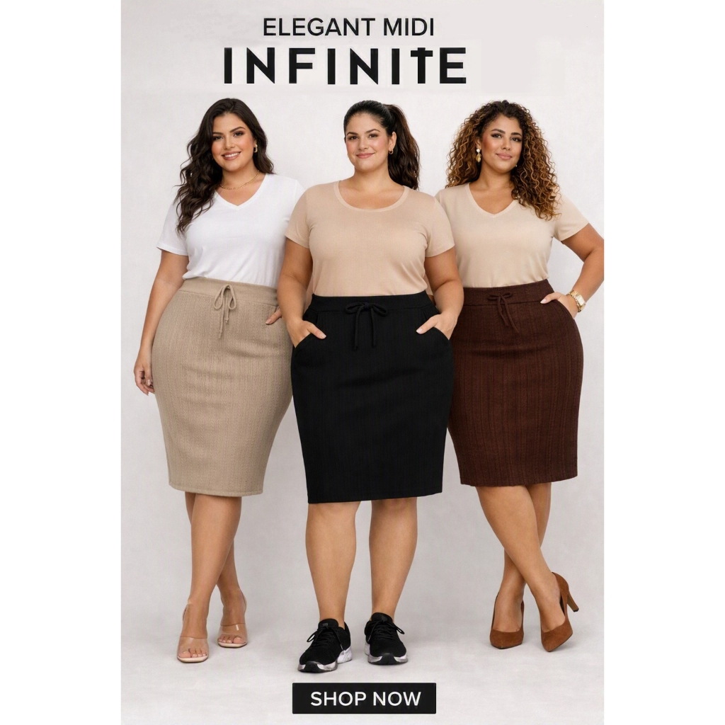Kit 3 Saias Midi Lápis Elegante Casual Plus com Bolsos com detalhes 3D