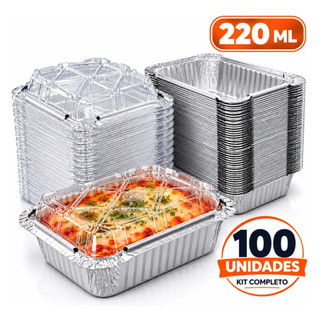 100 Marmita Bandeja Aluminio 220ml Descartavel Com Tampa Pet Retangular