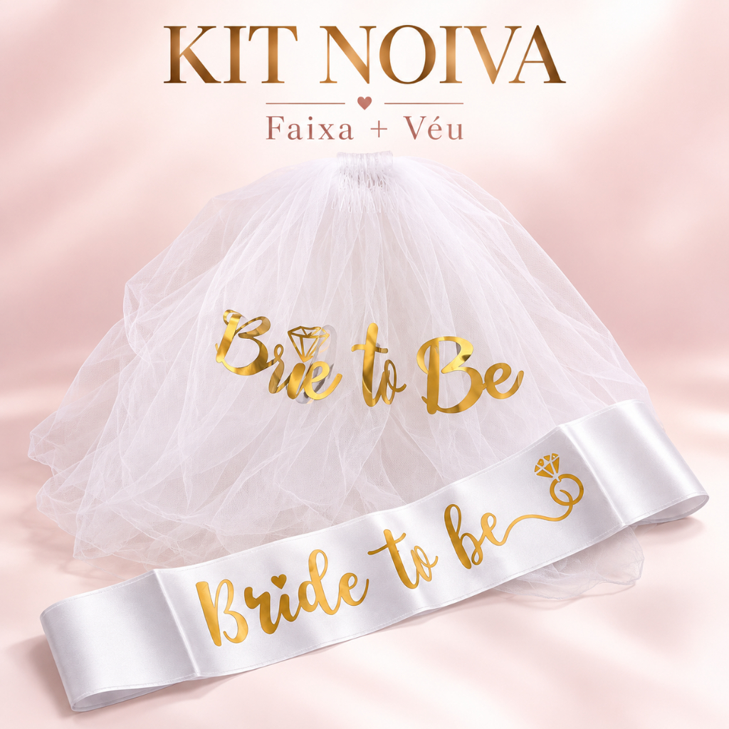 Kit Despedida de Solteira Faixa Bride To Be + Véu de Noiva com Pente Branco com Dourado
