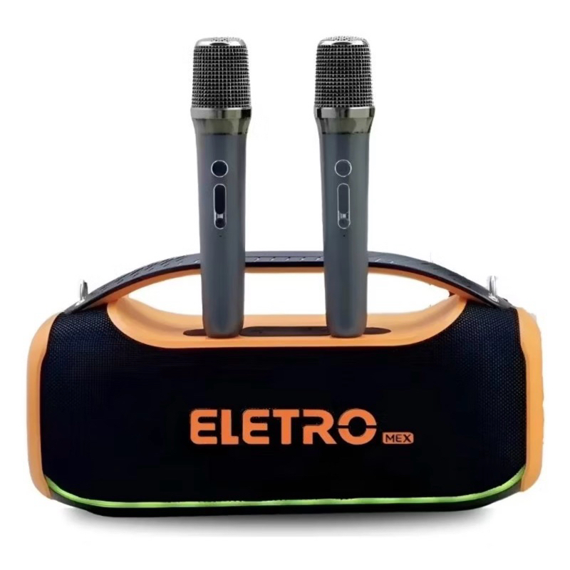 Caixa De Som Bluetooth 300W EletroMex RGB Com 2 Microfones Sem Fio Karaokê Portátil IPX5