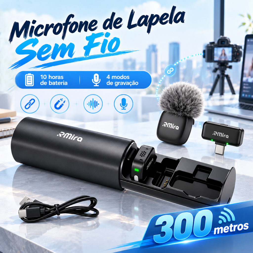 Microfone de Lapela Sem Fio 2 em 1 – Tipo‑C, Maginético e Alta Qualidade de Som Bateria Longa, Compact
